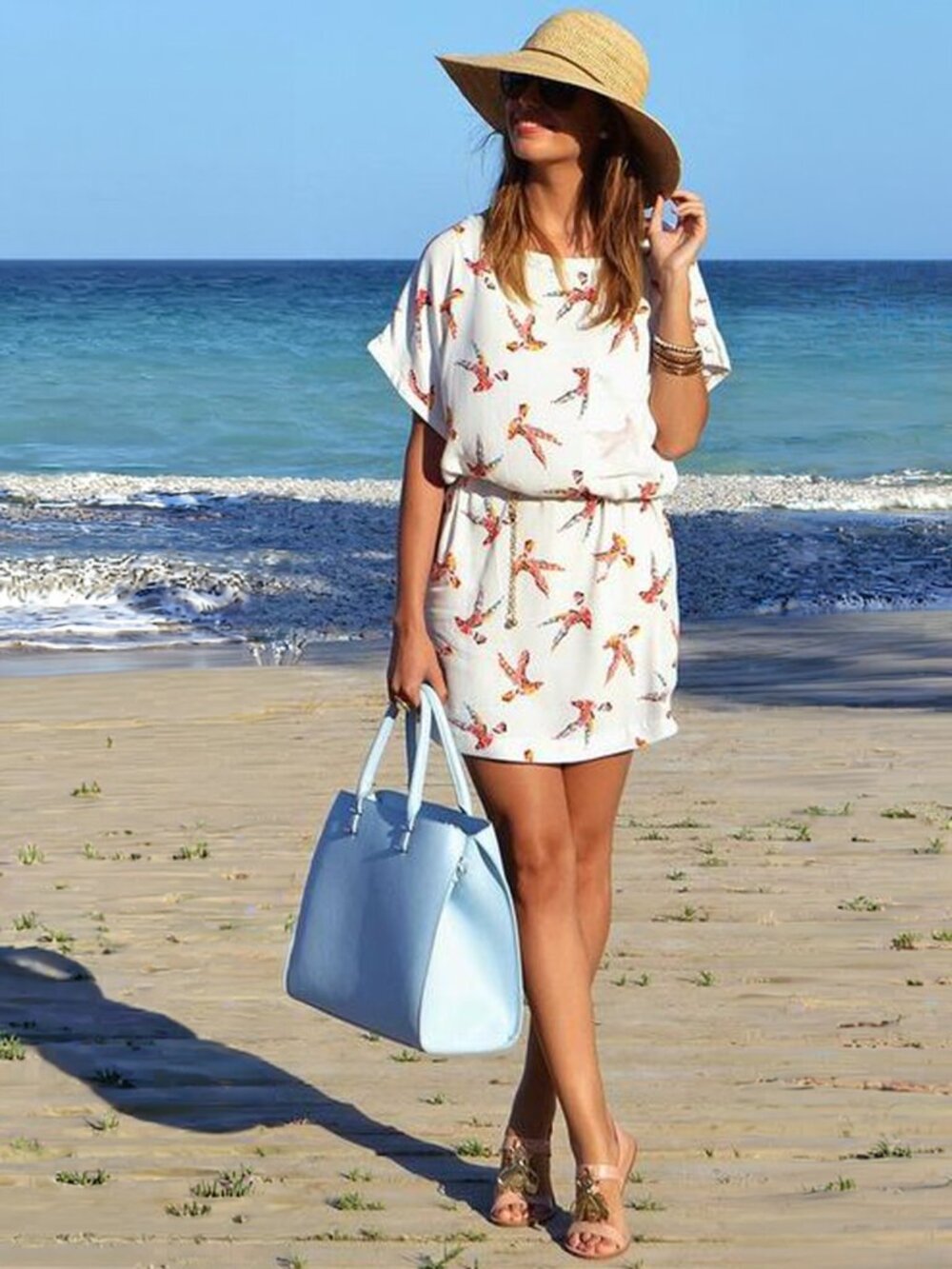 Zara Basic Bird Print Tie Waist Dress White Short Sleeve